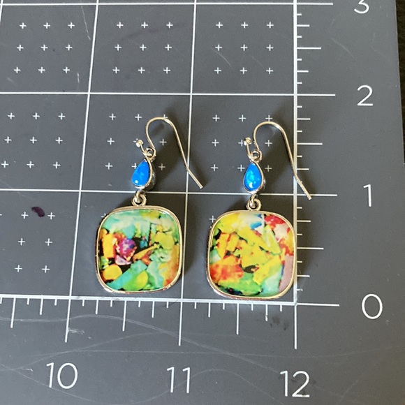 Dangle Square Bohemian Earrings Color Splash of Multiple Colors and Silver New - Picture 6 of 8